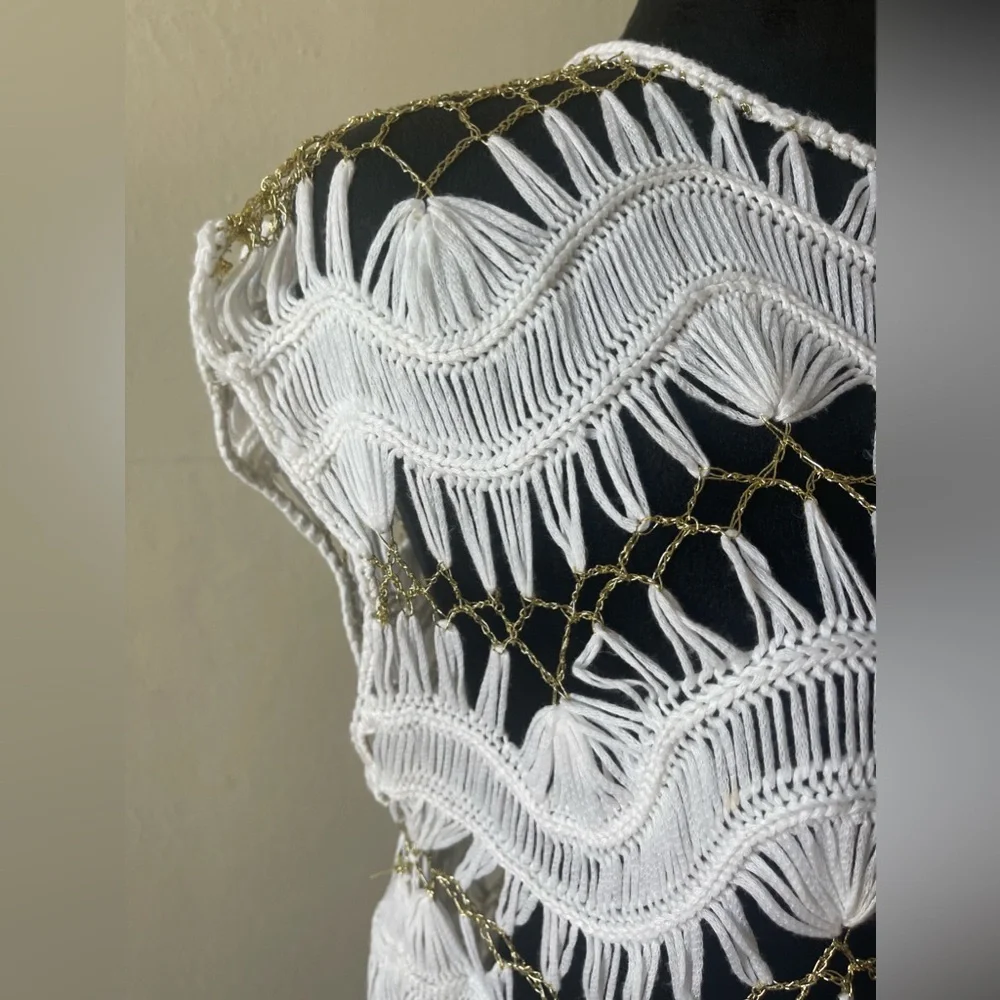 Venus white crotched/gold thread chain look swim cover up, size med, like new - Picture 2 of 8